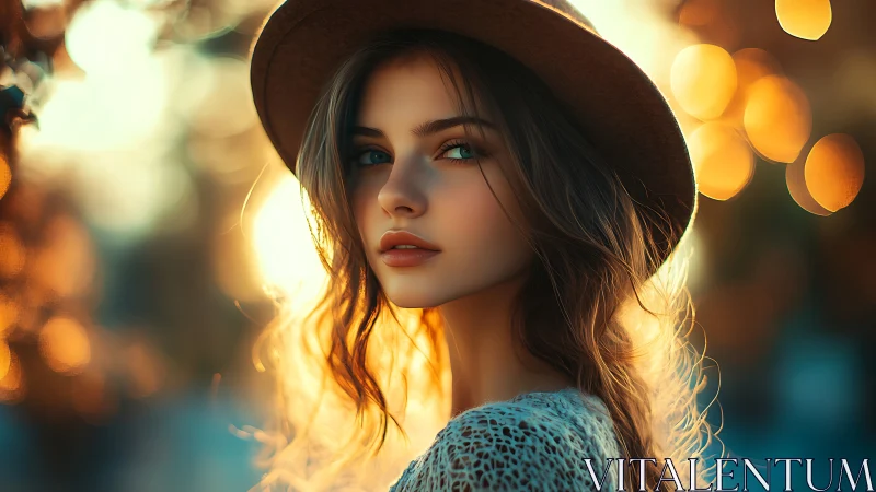 Portrait of young woman in hat lit by sunset backlight