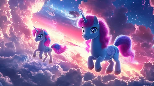 Glowing pastel unicorn duo traverses iridescent nebula clouds