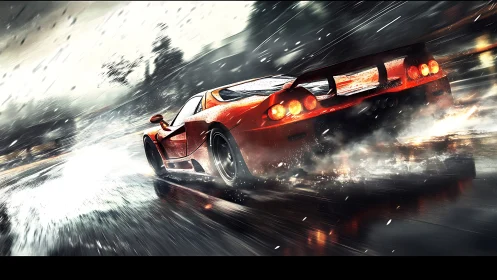 Red supercar slashes through stormy rain in cinematic motion