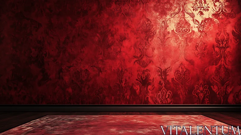 Ornate red damask wall and rug create theatrical interior depth