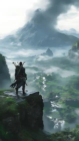 Lone armed figure surveys misty valley and distant volcano.