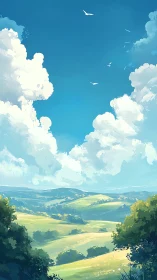 Expansive rolling hills under cumulus cloud formations.