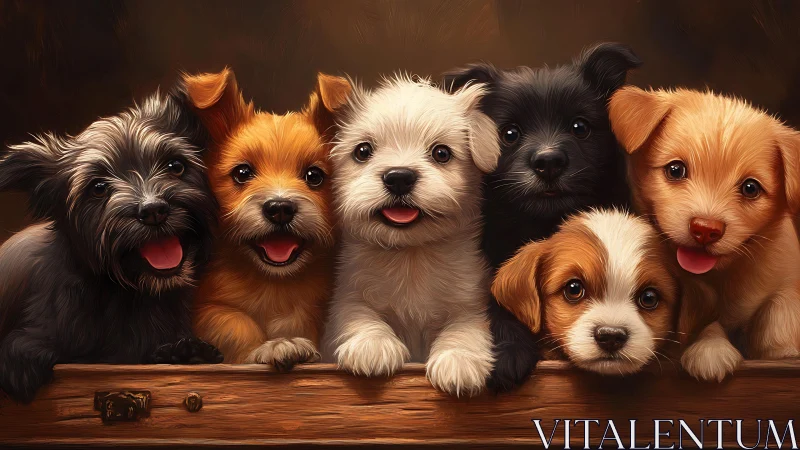 Six puppies line up in warm light and face the viewer