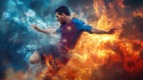 Soccer player leaps through blue smoke and orange flames