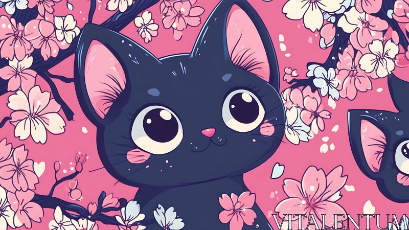 Black cartoon cat among pink cherry blossom branches.