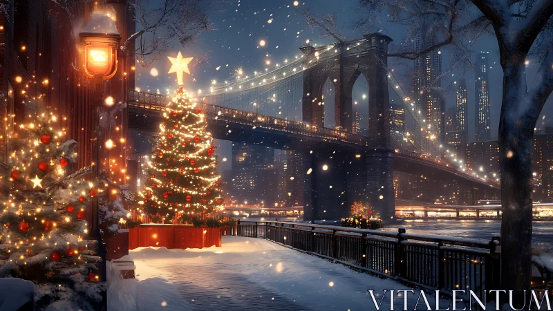 Snowy cityside Christmas lights by a glowing winter bridge.