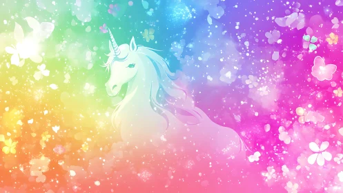 Iridescent unicorn silhouette in high-saturation rainbow bokeh field.
