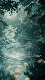 Gentle ripples spread across a forest pond in soft mist.