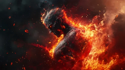 Humanoid fire figure rendered in detailed side profile view