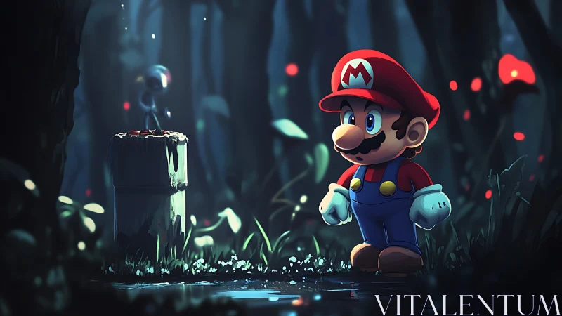 Mario character in dim forest environment with pipe structure.