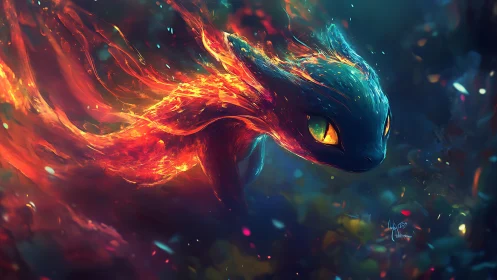 Fiery spectral creature moves through diffuse dark space