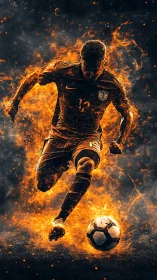 Fiery soccer player sprinting with ball on dark background.