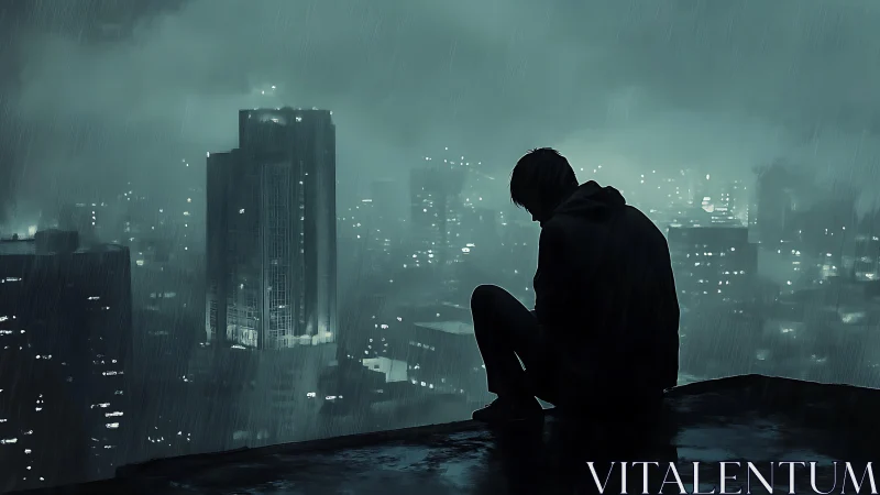 Solitary hooded figure on rainy rooftop above neon cityscape