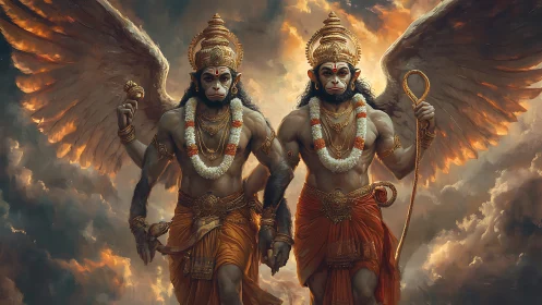 Twin winged monkey warriors stride through blazing clouds.