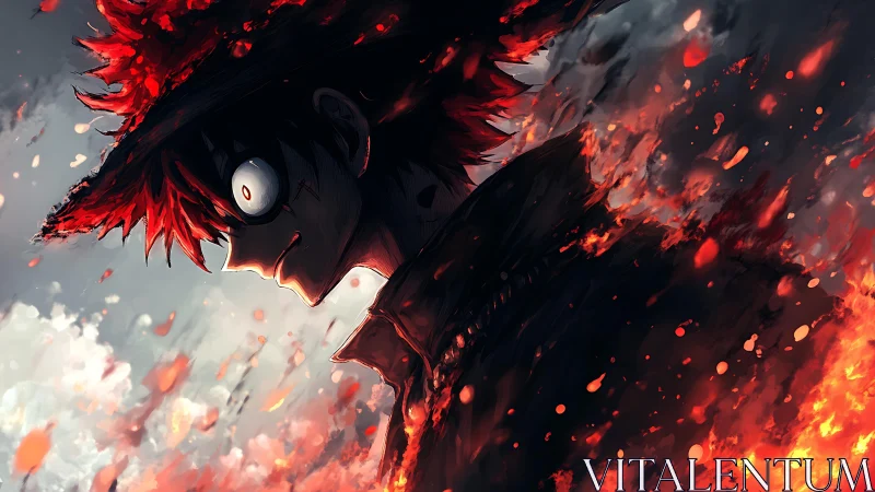 Fiery anime wanderer smiling through swirling embers.