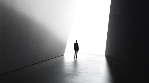 Silhouetted figure standing in minimalist concrete corridor with bright opening.