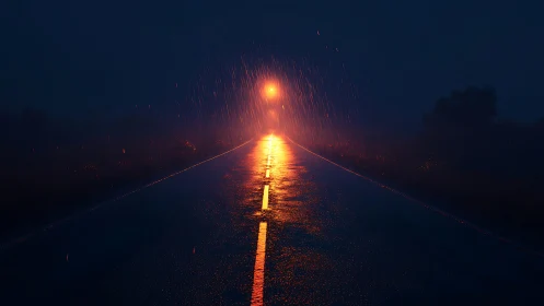 Rain-soaked highway under lone sodium streetlight glow.