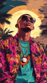 Chromatic street portrait under stylized tropical solar halo.