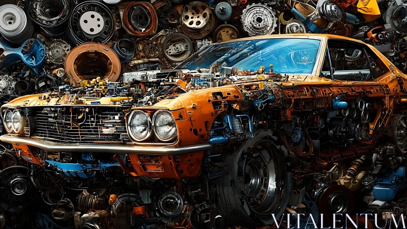 Orange classic car dissected into exposed mechanical components