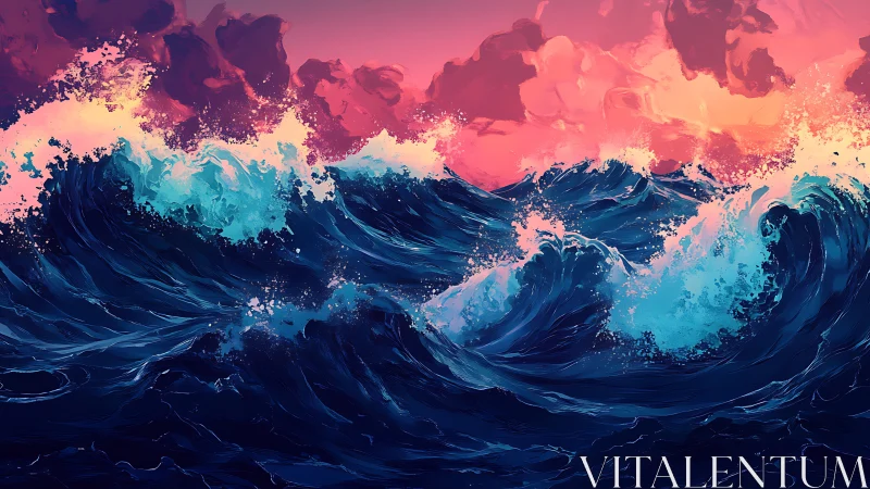 Neon storm waves under magenta sunset sky in motion.