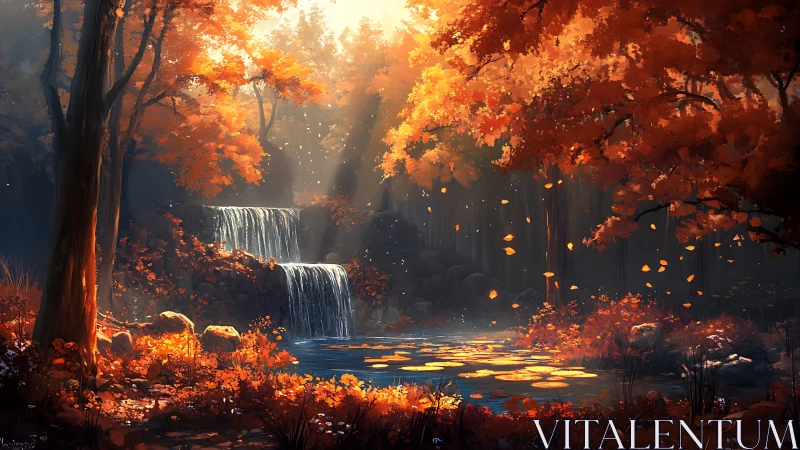 Autumn forest landscape with waterfall and warm lighting