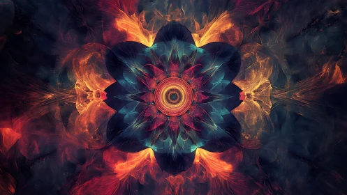 Fractal mandala bloom with radial symmetry and flame gradients.