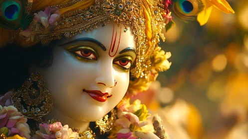 Detailed close-up shows ornate Hindu deity statue face