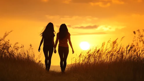 Two women holding hands walking through field at sunset, silhouette style.