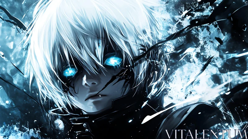 Bioluminescent eyed cybernetic youth amid fractal ice turbulence