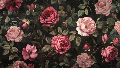 Romantic Garden Blooms: Pink Roses on Dark Botanical Background