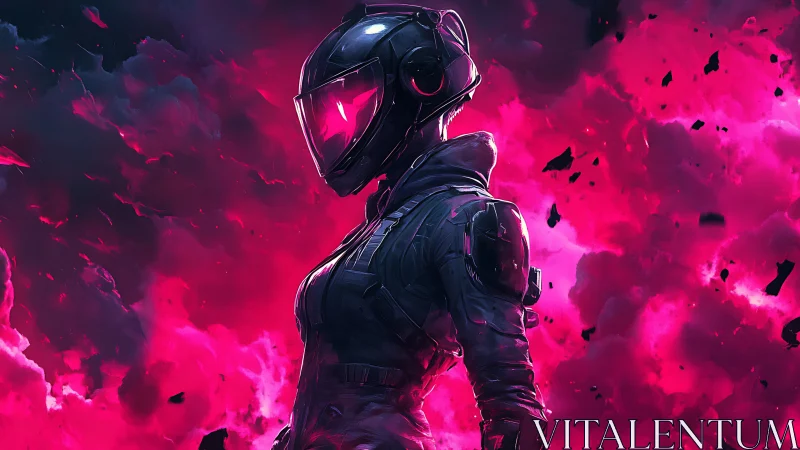 Neon armored explorer standing strong in glowing pink clouds.