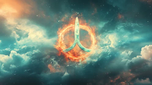 Celestial turquoise sigil suspended in fiery cosmic ring.