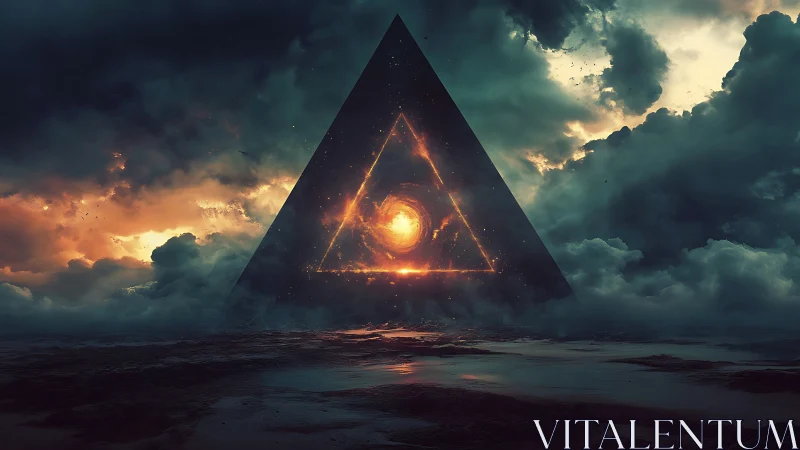 Triangular event-horizon portal framing a volatile cosmic core.