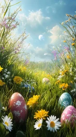 Decorated Easter eggs rest in bright wildflower meadow