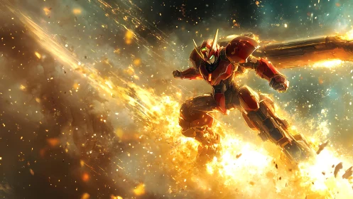Armored mecha warrior bursts through blazing cosmic fire
