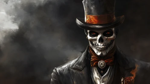 Dapper skeletal gentleman in smoldering Victorian noir portrait.