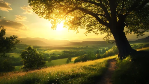 Digital painting of pastoral sunset beneath an old oak tree.