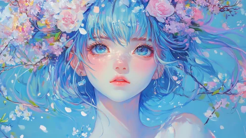 Blossom crowned dreamer with sky bright eyes and pastel bloom.