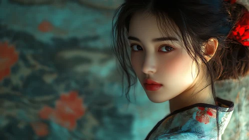 Portrait of young woman in patterned kimono, soft light.