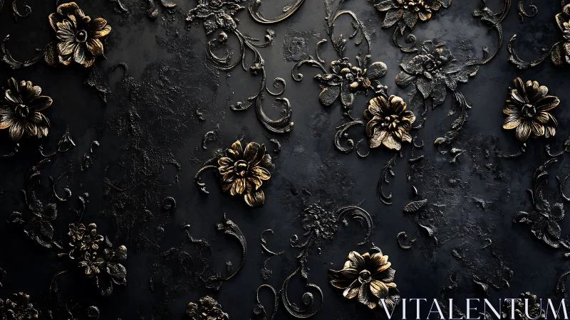 Midnight baroque blooms in burnished metallic whispers.