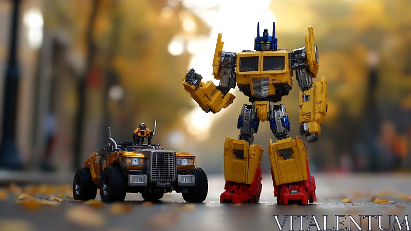 Friendly yellow robots sharing a playful city street moment.