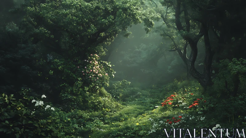 Enchanted Forest Sanctuary Where Light Dances Through Green.