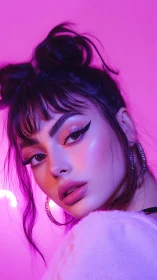 Neon glow frames a confident woman in soft, radiant light