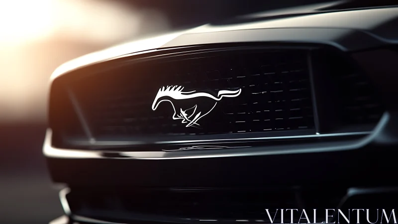 Chrome horse emblem centered on black car front grille