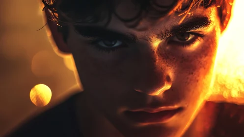 Intense freckled portrait glows with moody cinematic light