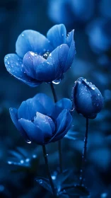 Blue tulips with water droplets in cool monochromatic lighting