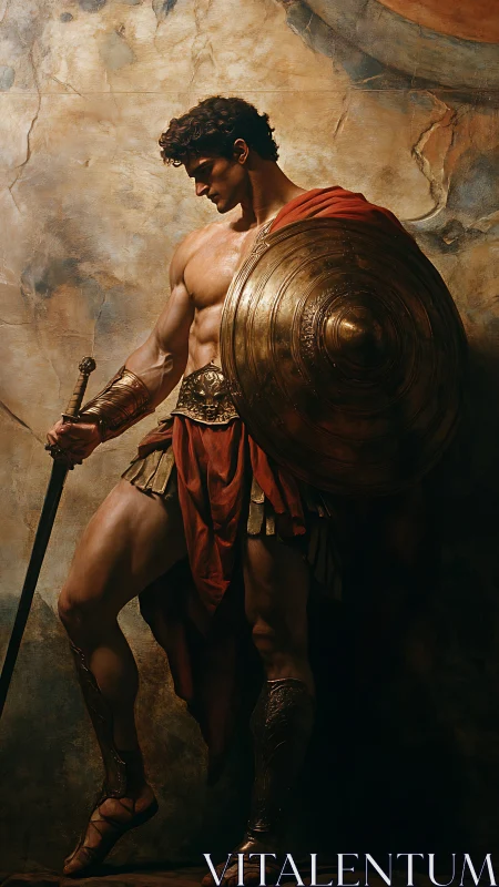 Classical hoplite warrior with ornate shield and sword poised.