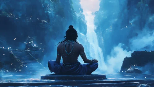 Meditating figure studies cascading waterfall in misty gorge