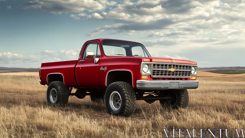 Vintage red pickup truck stands lifted in open wheat field