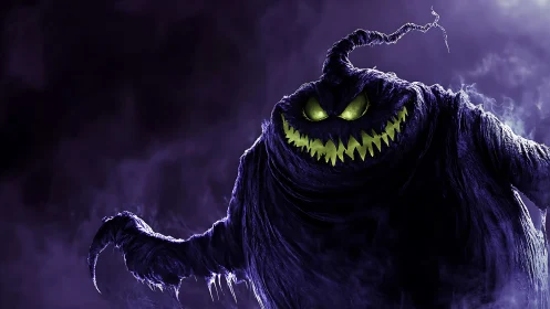 Digital painting of glowing-eyed shadow monster in misty void.